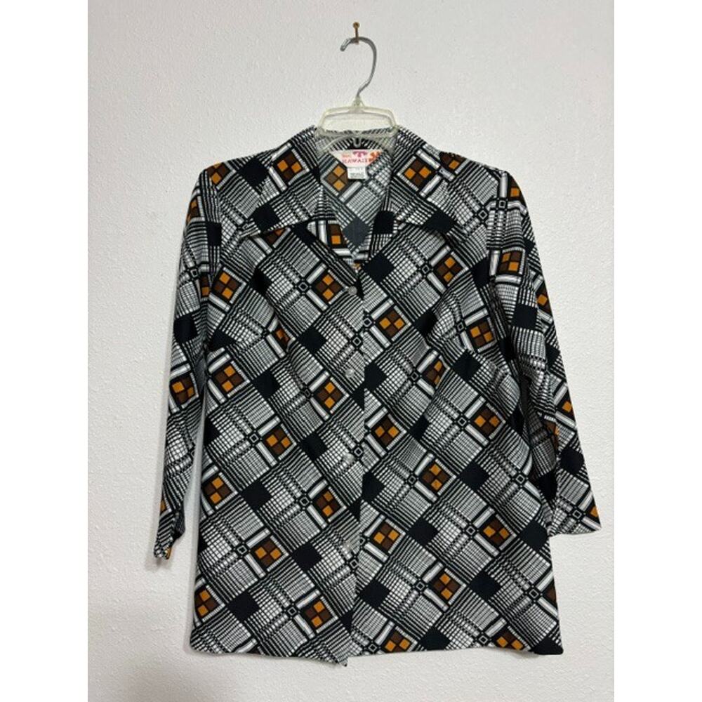 Vintage Sears Hawaii Women's 1970s Geometric Mod Pattern 3/4 Sleeve Top-Size M